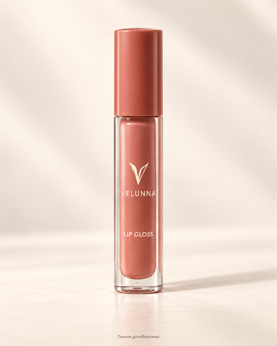 Velunna lip gloss tasarımı: şeffaf gövde ve terracotta kapak